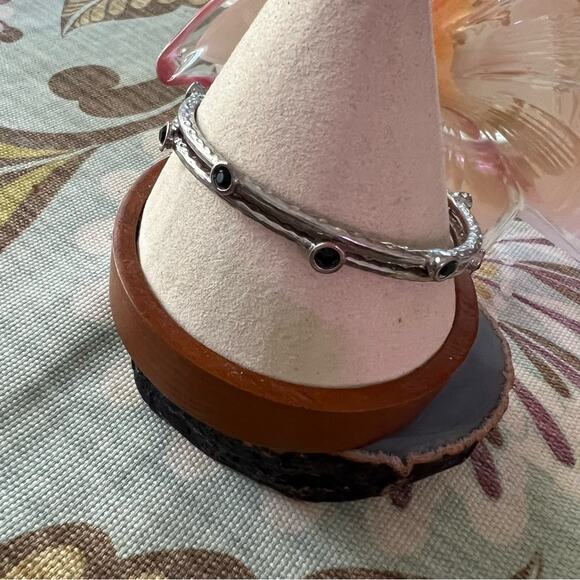 Silver Tone & Stone Bangle Bracelets Set of 2 - Picture 4 of 7